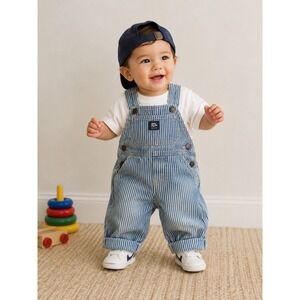 Baby B'gosh Stripe Denim Train Style overalls (Sz. 6M) Vtg 90s Style Oshkosh
